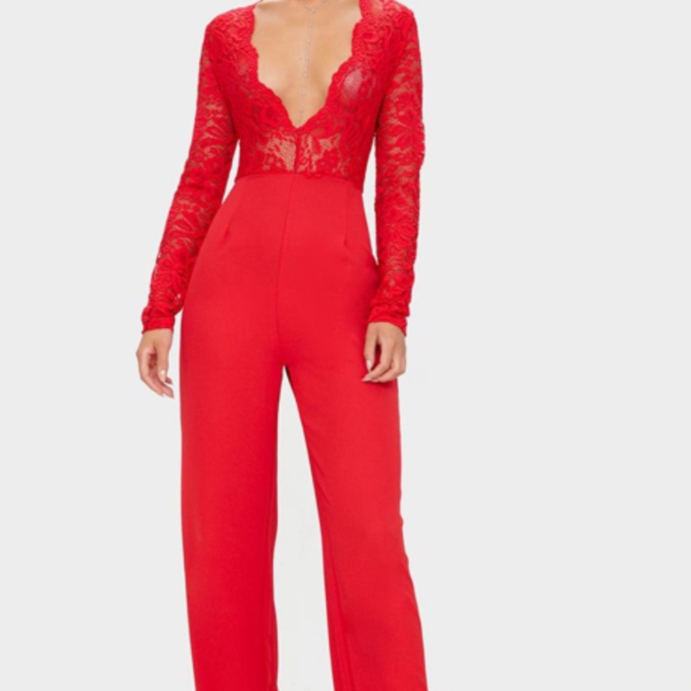 Red Lace Long Sleeve Plunge Jumpsuit